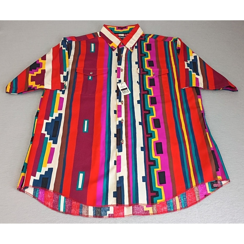 Vintage Wrangler Western Shirt Aztec Print Cowboy Checotah Size 17 X-Long Flaws